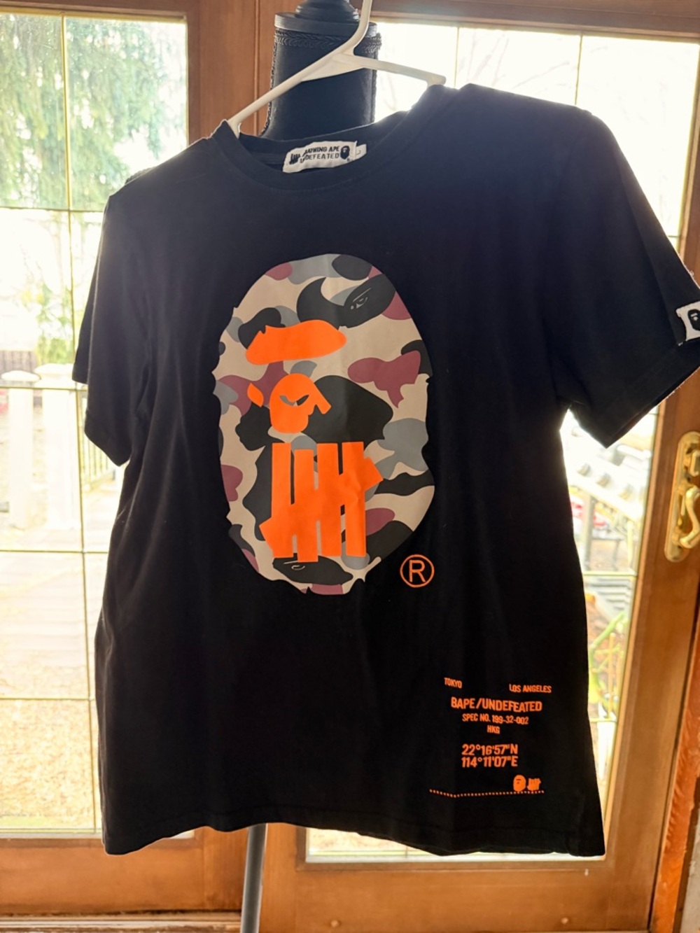 Bape Black Tee with Orange & Gray Camo Ape Head Graphic